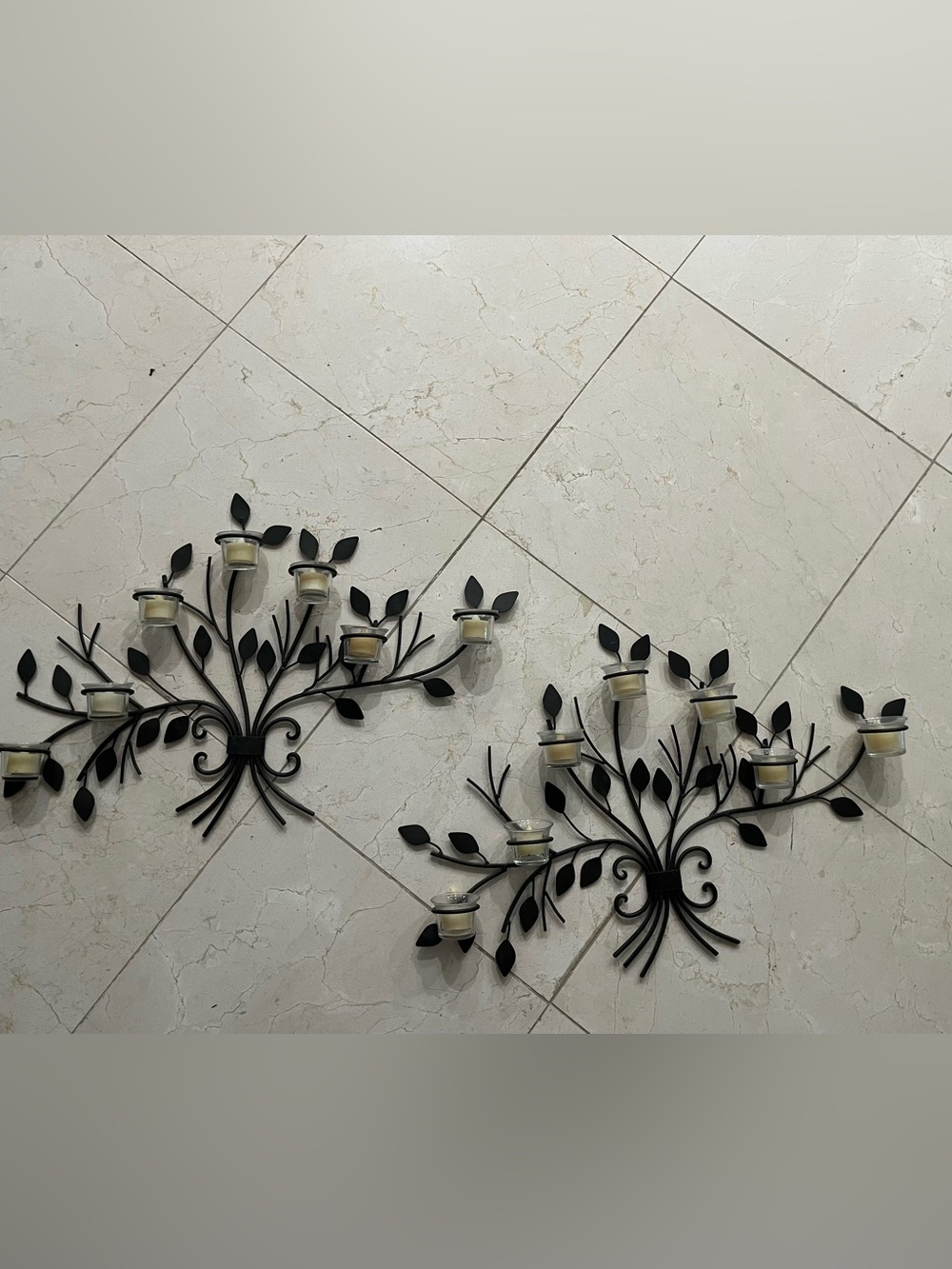 Black Metal Leaf Branch Wall Candle Sconces - Set of 2